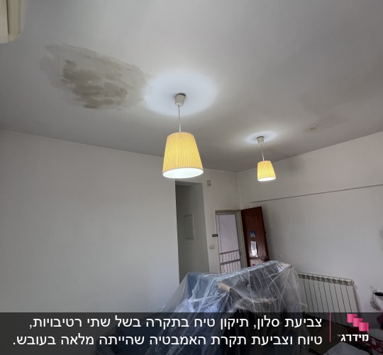 חדר עם תקרה מוכתמת ורהיטים מכוסים בניילון